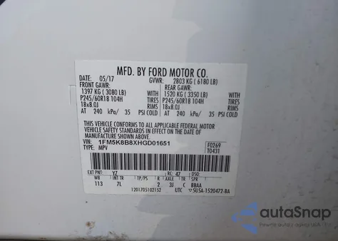 2017 Ford Explorer из США, поврежденный, VIN 1FM5K8B8XHGD01651